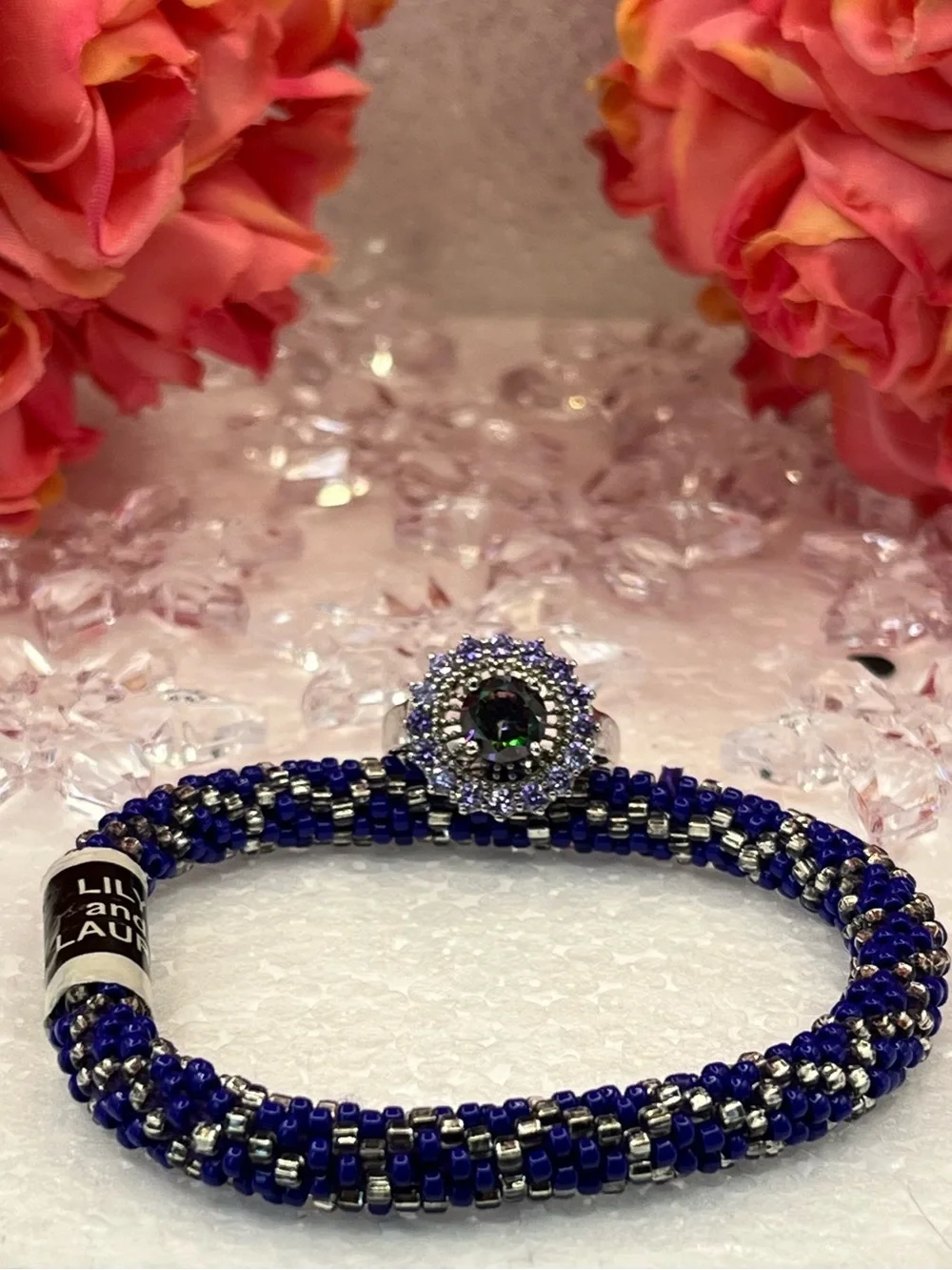 Lily and Laura Blue Beaded Bracelet with Silver Accents and 925 Silver ring
